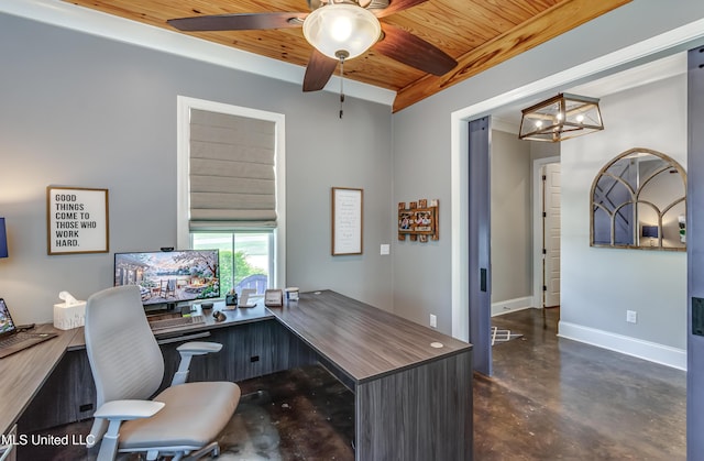 150 Pine Ridge Cir, Brandon, MS 39047 - office space with concrete floors, wooden ceiling, baseboards, and ceiling fan with notable chandelier