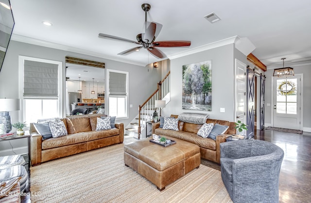 150 Pine Ridge Cir, Brandon, MS 39047 - living room featuring a ceiling fan, stairs, ornamental molding, visible vents, and recessed lighting