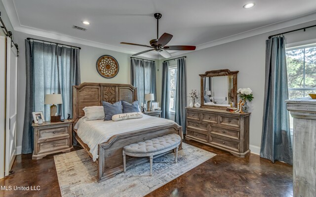 150 Pine Ridge Cir, Brandon, MS 39047 - bedroom with concrete flooring, visible vents, crown molding, and recessed lighting