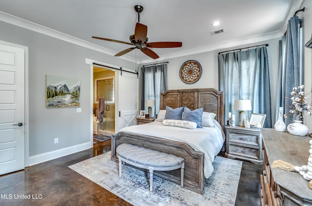 150 Pine Ridge Cir, Brandon, MS 39047 - bedroom featuring a barn door, crown molding, finished concrete floors, baseboards, and visible vents