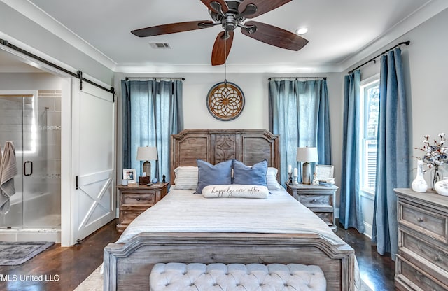 150 Pine Ridge Cir, Brandon, MS 39047 - bedroom featuring a barn door, visible vents, connected bathroom, crown molding, and ceiling fan