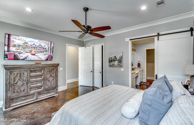 150 Pine Ridge Cir, Brandon, MS 39047 - bedroom featuring a barn door, recessed lighting, visible vents, baseboards, and finished concrete floors