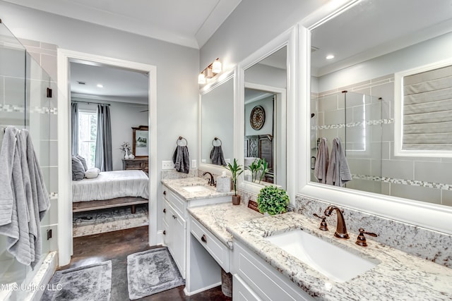 150 Pine Ridge Cir, Brandon, MS 39047 - bathroom with connected bathroom, a shower stall, recessed lighting, ornamental molding, and vanity