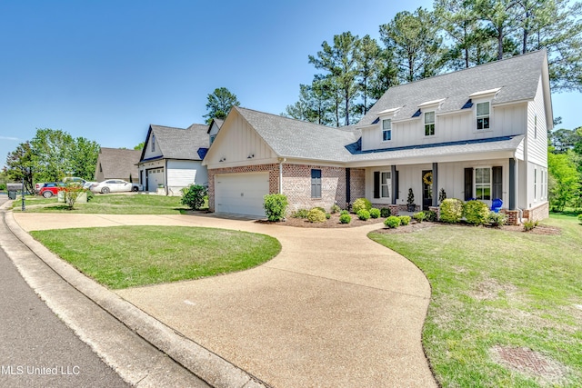 150 Pine Ridge Cir, Brandon, MS 39047 - view of front facade featuring roof with shingles, covered porch, board and batten siding, and brick siding