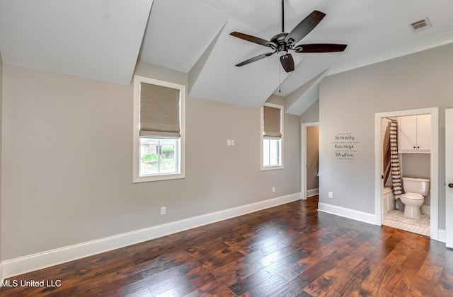 150 Pine Ridge Cir, Brandon, MS 39047 - unfurnished bedroom featuring connected bathroom, a ceiling fan, visible vents, baseboards, and wood finished floors