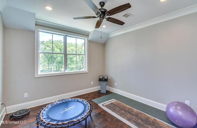 150 Pine Ridge Cir, Brandon, MS 39047 - exercise area with baseboards, visible vents, recessed lighting, and ceiling fan