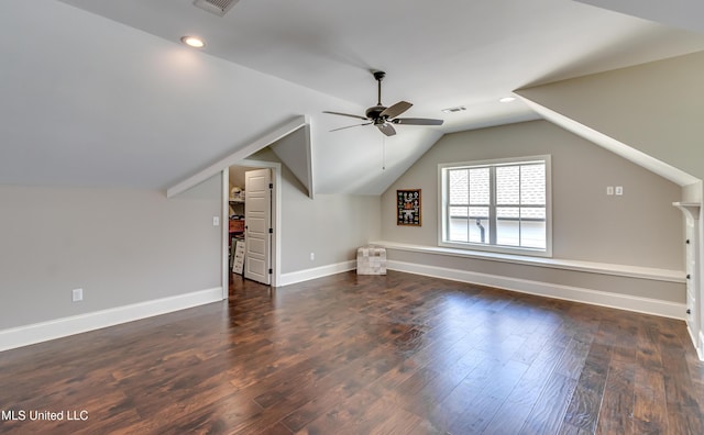 150 Pine Ridge Cir, Brandon, MS 39047 - bonus room featuring a ceiling fan, visible vents, vaulted ceiling, baseboards, and wood finished floors