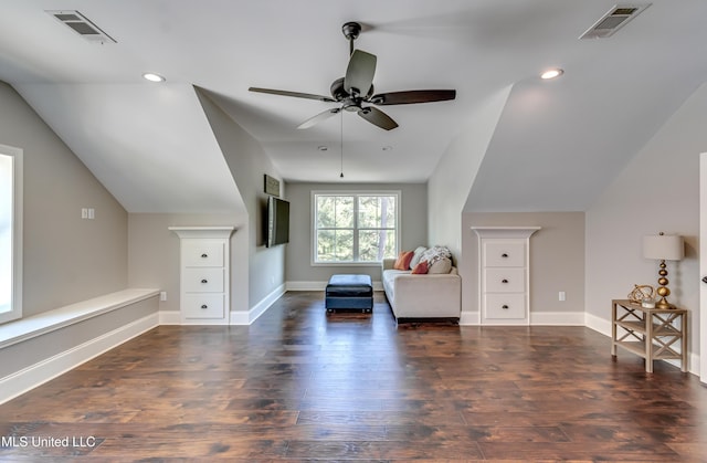 150 Pine Ridge Cir, Brandon, MS 39047 - additional living space featuring ceiling fan, lofted ceiling, dark wood-style floors, and visible vents