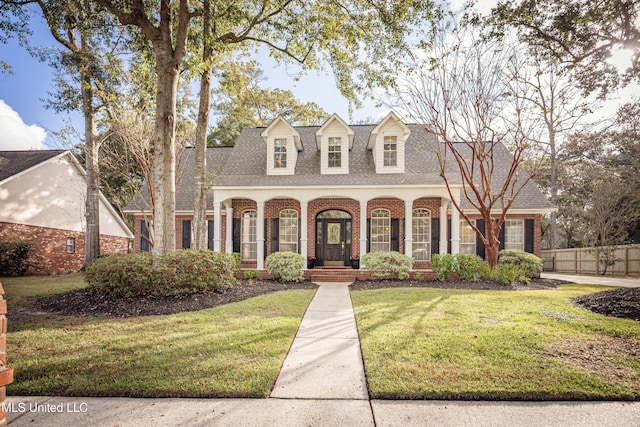 cape cod-style house with a porch and a front lawn