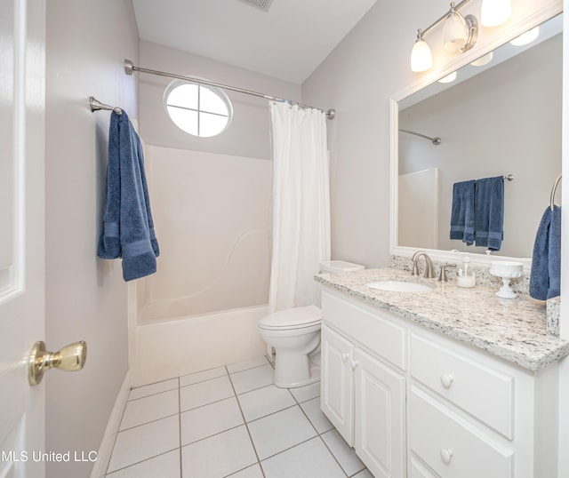 full bathroom featuring toilet, vanity, shower / bath combination with curtain, and tile patterned flooring