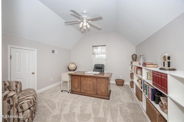 3607 Dijon Ave, Ocean Springs, MS 39564 - home office featuring light carpet, lofted ceiling, baseboards, and ceiling fan