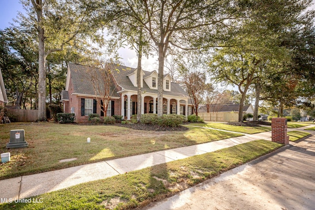 cape cod-style house featuring a porch and a front lawn