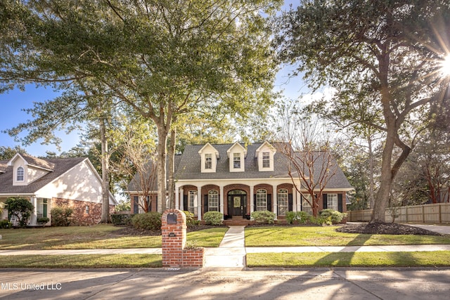 cape cod-style house with a porch and a front lawn