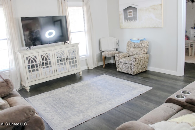 living room with dark hardwood / wood-style flooring