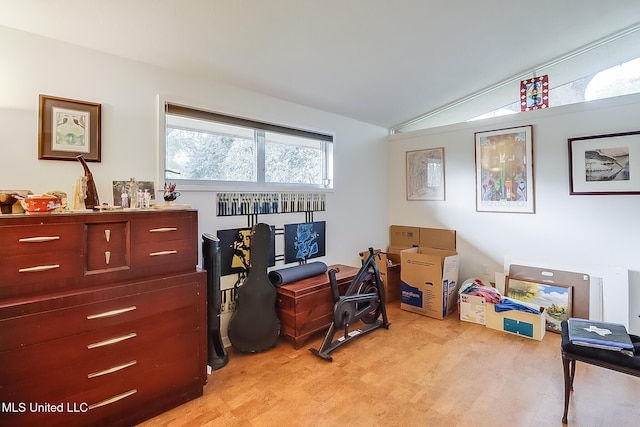 home office with vaulted ceiling