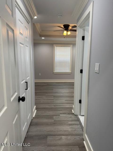 corridor with dark wood-type flooring, crown molding, and a raised ceiling