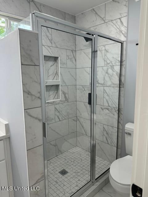 bathroom with vanity, toilet, and an enclosed shower