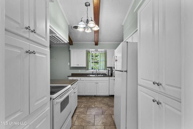 kitchen featuring white appliances, sink, pendant lighting, a chandelier, and white cabinetry