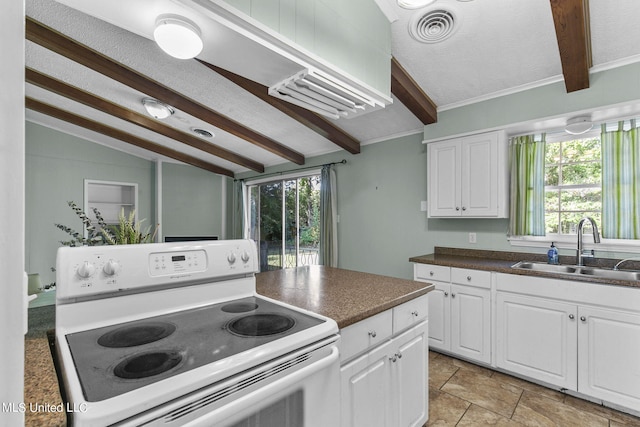 kitchen with vaulted ceiling with beams, electric range, sink, and white cabinets