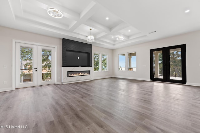 unfurnished living room featuring hardwood / wood-style floors, french doors, and a wealth of natural light