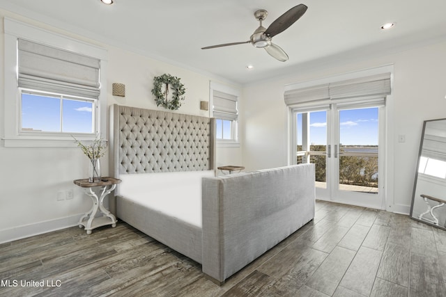 interior space featuring a ceiling fan, recessed lighting, wood finished floors, and baseboards