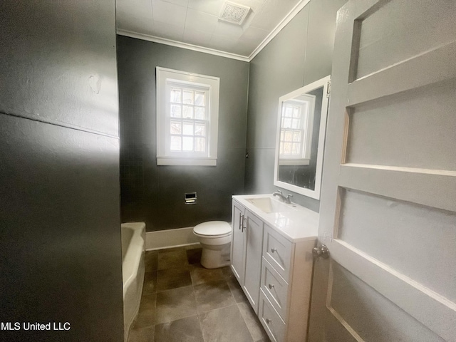 1289 S St, Grenada, MS 38901 - full bath with vanity, visible vents, crown molding, toilet, and a bathtub