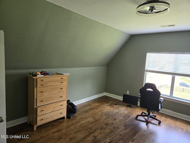 office with vaulted ceiling, dark hardwood / wood-style floors, and ceiling fan