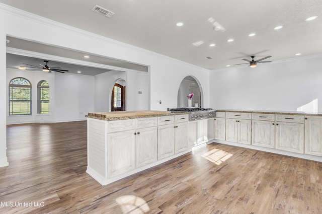 10186 Wire Rd, Vancleave, MS 39565 - kitchen featuring a ceiling fan, crown molding, open floor plan, light wood-style floors, and recessed lighting