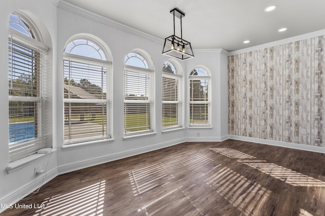 10186 Wire Rd, Vancleave, MS 39565 - unfurnished dining area with ornamental molding, baseboards, a chandelier, wood finished floors, and recessed lighting
