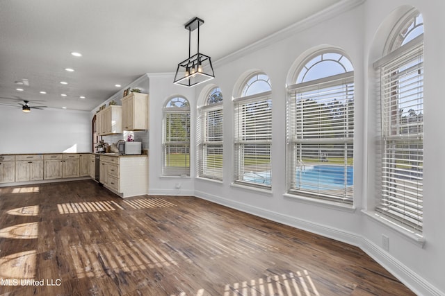 10186 Wire Rd, Vancleave, MS 39565 - unfurnished dining area with crown molding, baseboards, dark wood finished floors, a ceiling fan, and recessed lighting