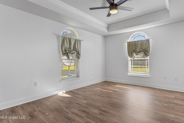 10186 Wire Rd, Vancleave, MS 39565 - unfurnished room with a tray ceiling, crown molding, wood finished floors, healthy amount of natural light, and ceiling fan
