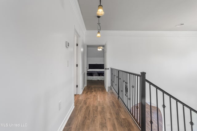 10186 Wire Rd, Vancleave, MS 39565 - hallway featuring ornamental molding, wood finished floors, and baseboards