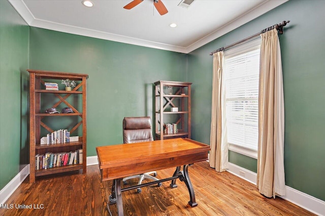105 Victoria Pl, Madison, MS 39110 - office area featuring ceiling fan, wood finished floors, crown molding, and recessed lighting