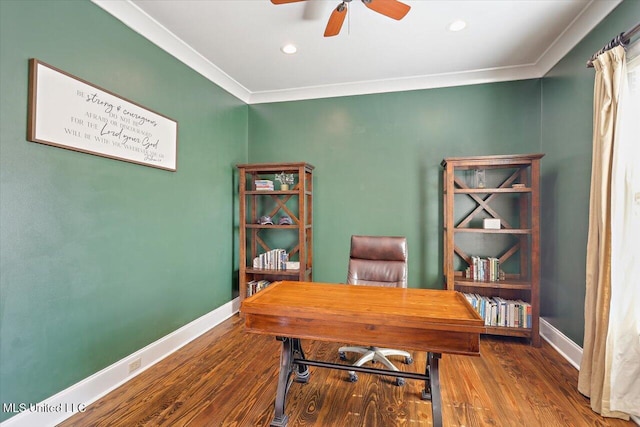 105 Victoria Pl, Madison, MS 39110 - office area with wood finished floors, ceiling fan, ornamental molding, and recessed lighting