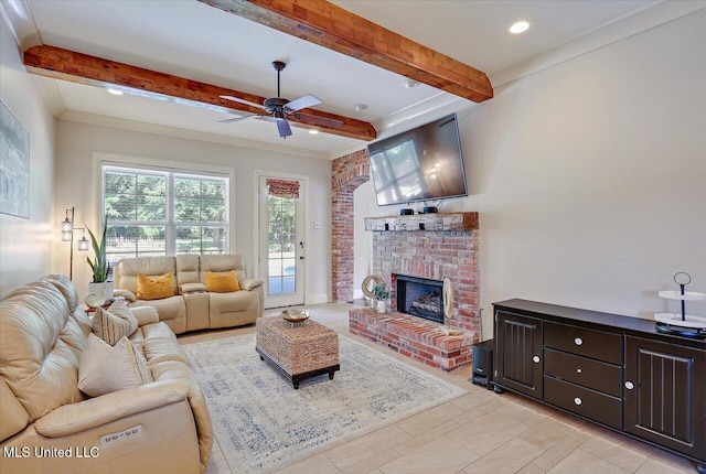 105 Victoria Pl, Madison, MS 39110 - living area with beamed ceiling, a ceiling fan, a brick fireplace, and recessed lighting