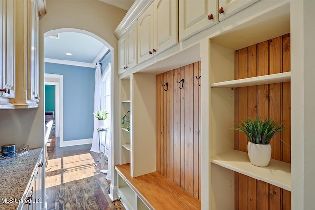 105 Victoria Pl, Madison, MS 39110 - mudroom featuring arched walkways, wood finished floors, and crown molding