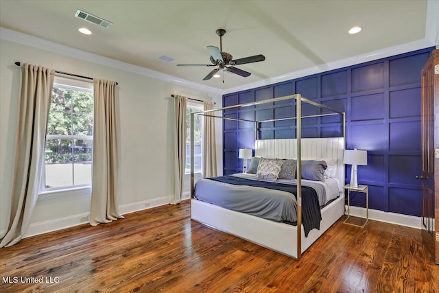 105 Victoria Pl, Madison, MS 39110 - bedroom with wood finished floors, crown molding, a ceiling fan, recessed lighting, and a decorative wall