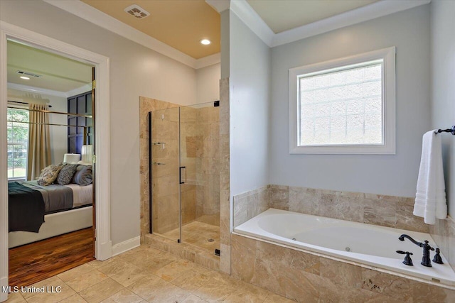 105 Victoria Pl, Madison, MS 39110 - full bathroom featuring ensuite bath, a whirlpool tub, a stall shower, ornamental molding, and recessed lighting