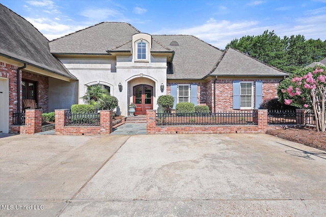 105 Victoria Pl, Madison, MS 39110 - french provincial home with french doors, a fenced front yard, roof with shingles, and stucco siding