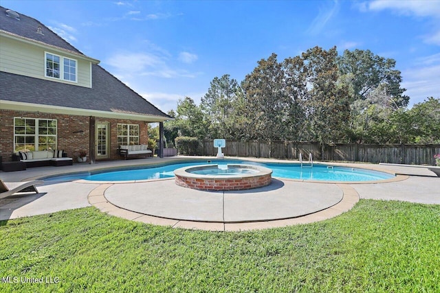 105 Victoria Pl, Madison, MS 39110 - view of pool featuring an outdoor living space, a fenced backyard, a pool with connected hot tub, and a patio