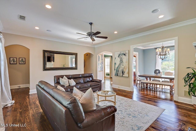 105 Victoria Pl, Madison, MS 39110 - living area featuring arched walkways, ornamental molding, a ceiling fan, recessed lighting, and dark wood-style floors