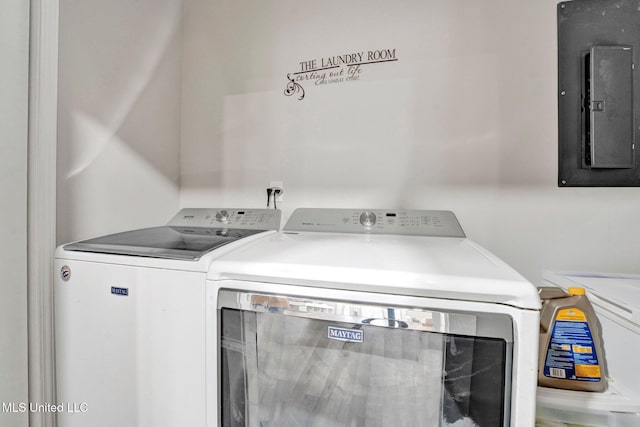 laundry area featuring electric panel and washing machine and dryer