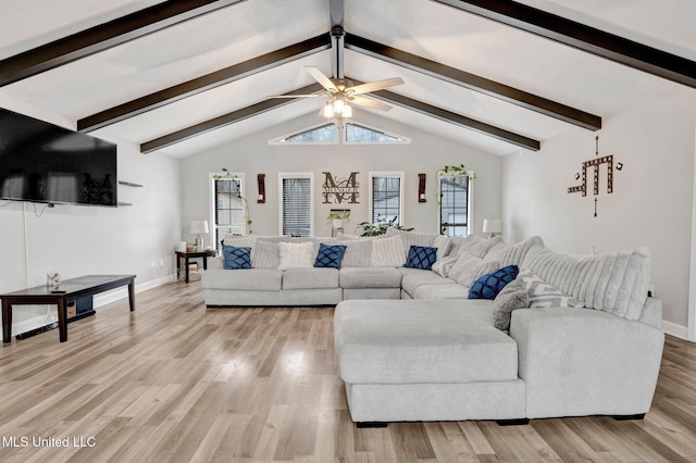 living room with a wealth of natural light, lofted ceiling with beams, ceiling fan, and light wood-type flooring