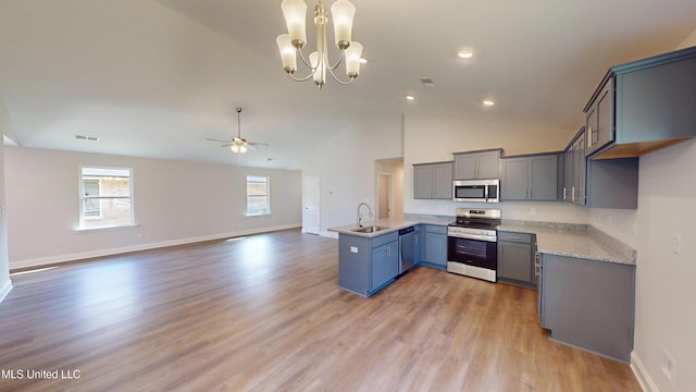 7908 Gardendale Dr, Olive Branch, MS 38654 - kitchen featuring a sink, a peninsula, stainless steel appliances, visible vents, and light wood-style flooring