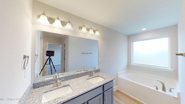 7908 Gardendale Dr, Olive Branch, MS 38654 - bathroom featuring double vanity, a garden tub, wood finished floors, and a sink