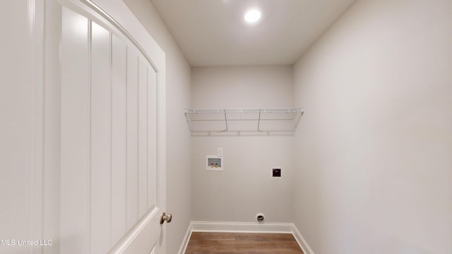 7908 Gardendale Dr, Olive Branch, MS 38654 - clothes washing area with wood finished floors, electric dryer hookup, laundry area, hookup for a washing machine, and baseboards