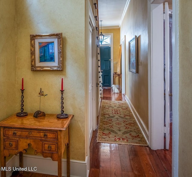 hall featuring hardwood / wood-style flooring and crown molding