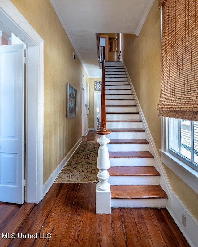 stairs featuring hardwood / wood-style floors and crown molding