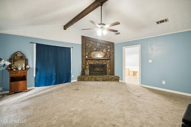 108 Fairdale Pl, Brandon, MS 39042 - unfurnished living room featuring a ceiling fan, a fireplace, and carpet floors