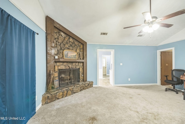 108 Fairdale Pl, Brandon, MS 39042 - unfurnished living room featuring a fireplace, carpet, ceiling fan, and lofted ceiling